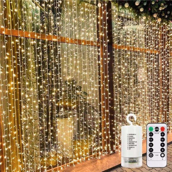 300 LED Curtain Lights - 9.8ft x 9.8ft Battery Operated with Remote & Timer - Picture 1 of 7